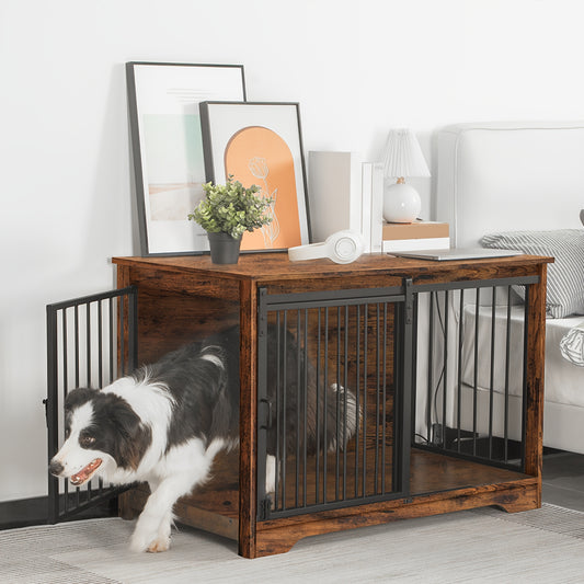 Sturdy Vintage Brown Wooden Dog Cage with 2-Door Entry - Space-Saving, Escape-Proof Design for Small to Large Dogs Up to 99.79 KG - Ideal as a Side Table or Nightstand in Living Room or Bedroom, Dog Furniture, HZUANERI