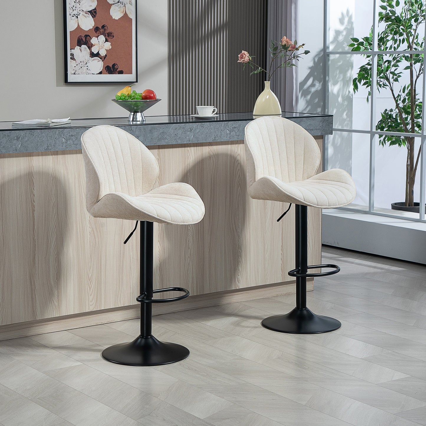 Barstoel – Kruk – Barkruk – Keukenstoel – Barstoel Met Rugleuning – 360° Draaibaar – Verstelbare Hoogte – Stalen Frame – Beige