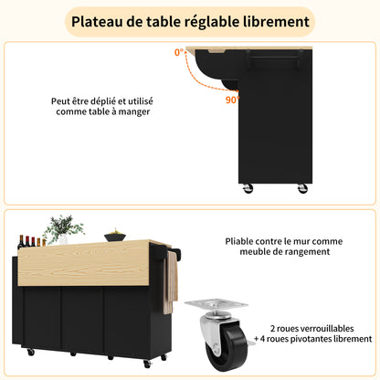 Keukenwagen – Keukentrolley – Keukenkar – Desserte – Werkbladwagen – Inklapbaar Werkblad – Veel Opbergruimte – Zwart Met Houtlook – 110x42x90 cm