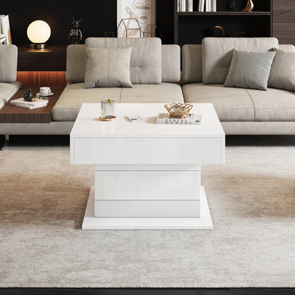 70*70*45cm Geometric Coffee Table | 360° Rotating Top, Height-Adjustable with 1 Drawer, High-Gloss, Concealed Storage, Modern Style, White, Metal Material
