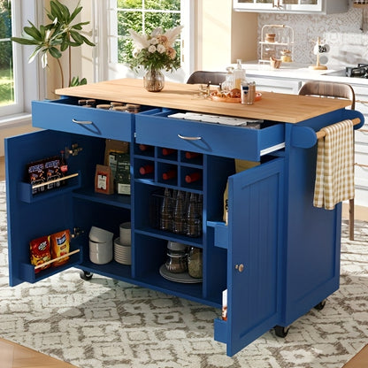 Keukentrolley – Keukenwagen – Serveerwagen – Opbergtrolley – Keukenrek – Blauw – Mobiel met 4 Wielen – Ruim Werkblad en Opbergruimte