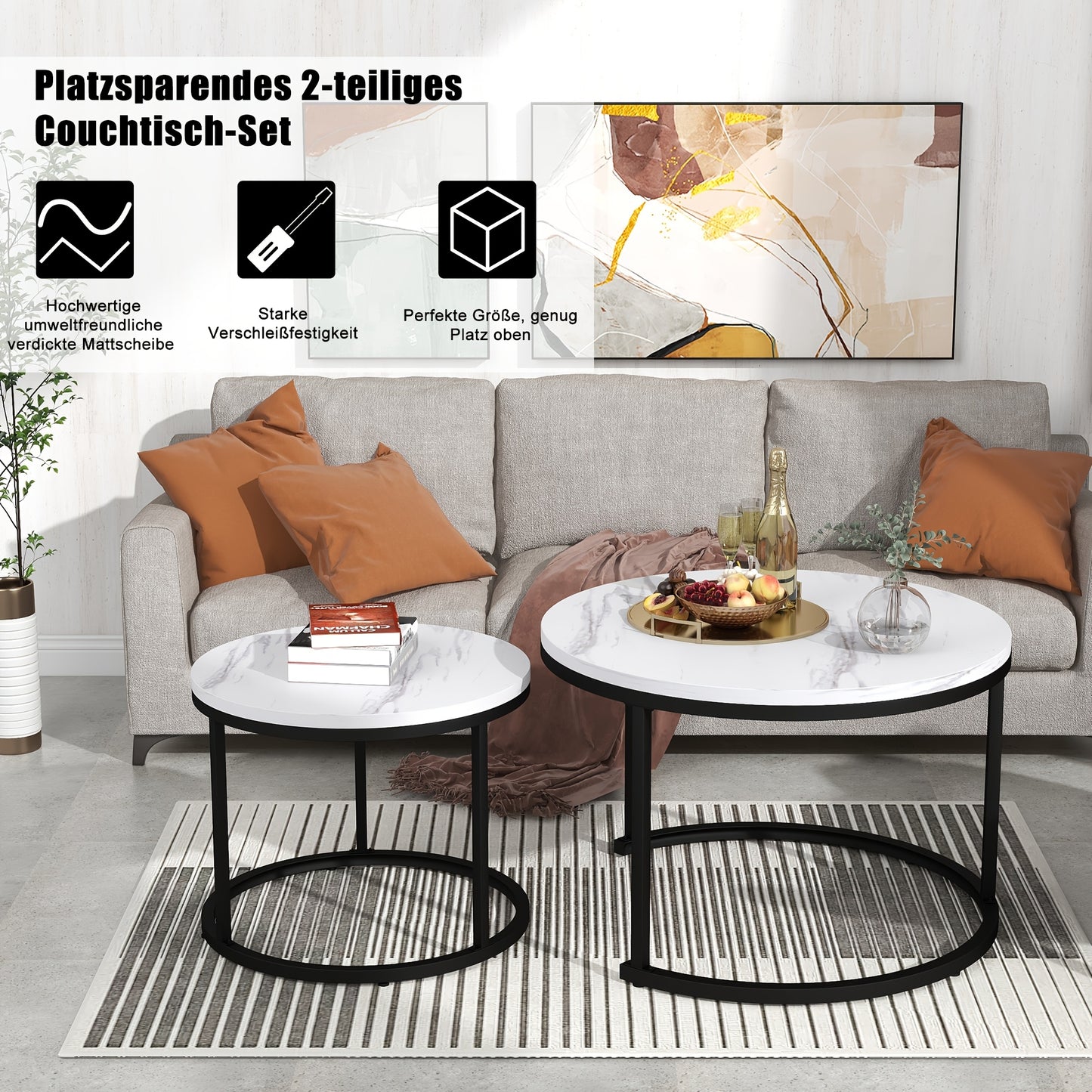 Bijzettafel – Salontafel – Zijkastje – Banktafel – Tafeltje – Set van 2 Ronde Tafels – Nestbaar – MDF/Hout Hoogwaardige Materialen