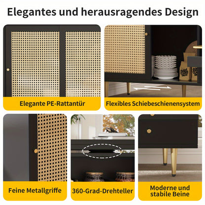 Uitklaptafel – Klaptafel – Vouwtafel – Bartafel – Eettafel – 360° Draaibaar – Uitschuifbaar Met Opbergruimte Rieten Deuren – Compact Modern Design – Duurzaam Niet-Hout Materiaal