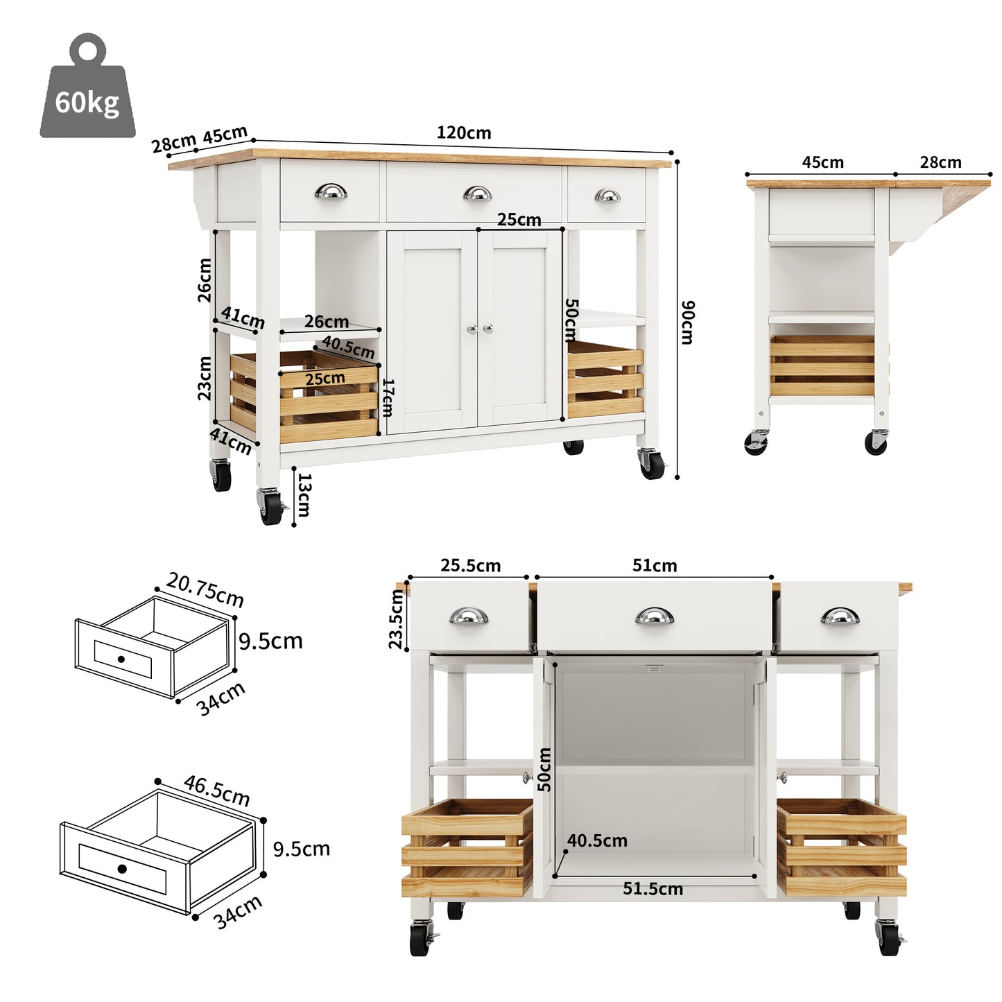 Keukeneiland – Keukenkast – Buffetkast – Serveerwagen – Kookeiland – Uitklapbaar Werkblad – MDF Met Dennenhouten Mand – 120x45x90 cm – Wit