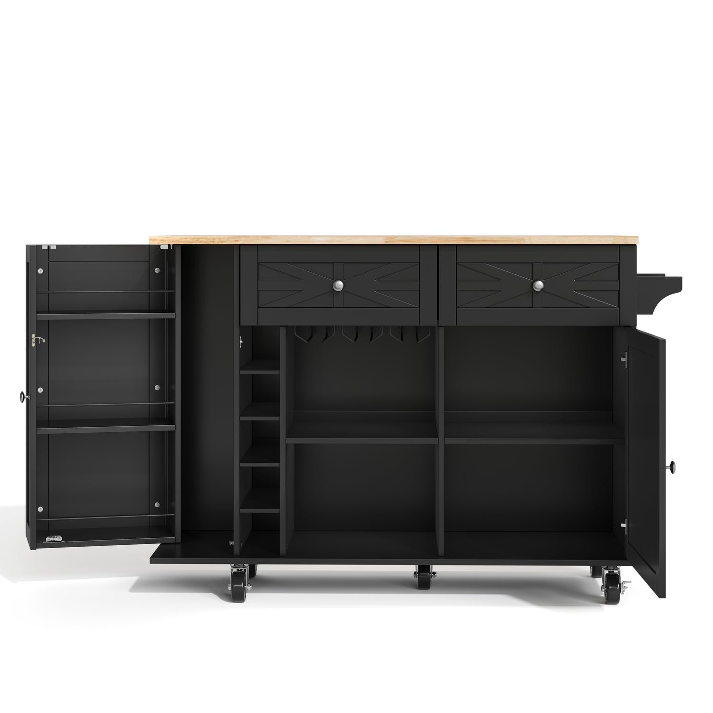 Keukentrolley – Keukenwagen – Serveerwagen – Keukenrek – Keukenkast – Uitklapbaar Werkblad – MDF Houtlook – Verrijdbaar met Vergrendelbare Wielen – 120x45(70)x89 cm – Zwart