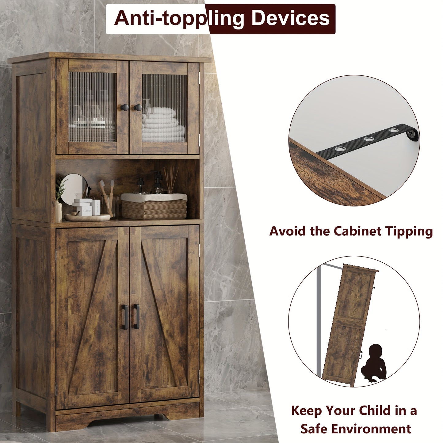Kast – Opbergkast – Bergkast – Badkamerkast – Kast Met Glazen Deuren – 127 cm Hoog – MDF Materiaal – Verstelbare Planken – Vrijstaand – Anti-Kantel Veiligheid – Modern Bruin Design