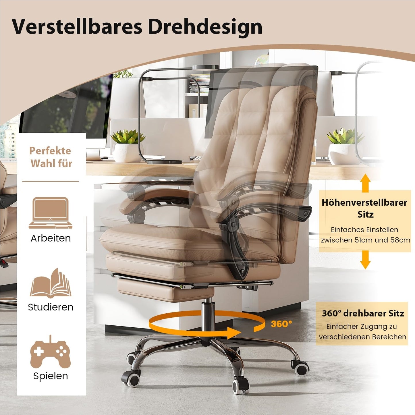 Bureaustoel – Kantoorstoel – Werkstoel – Computestoel – Gamestoel – Ergonomisch Met Uittrekbare Voetensteun – Verstelbare Rugleuning Tot 155° – Kunstleer In Koffiekleur