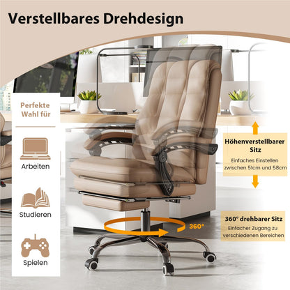 Bureaustoel – Kantoorstoel – Werkstoel – Computestoel – Gamestoel – Ergonomisch Met Uittrekbare Voetensteun – Verstelbare Rugleuning Tot 155° – Kunstleer In Koffiekleur