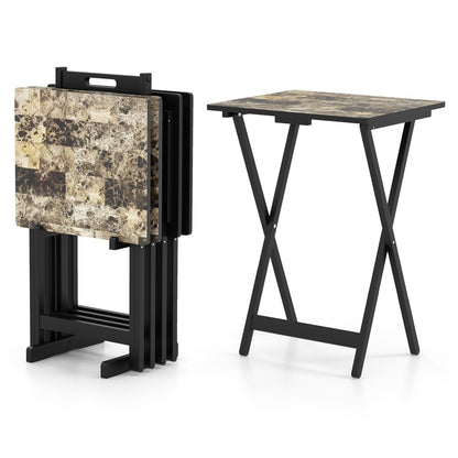Vouwtafels – Opvouwbare Tafels – Opklapbare Bijzettafels – Bistrotafels – Tuin- en Balkon Tafels – Rubberhout Frame – Waterbestendige Marmerlook Werkblad – Set Van 4 – Draagbaar Met Handvat