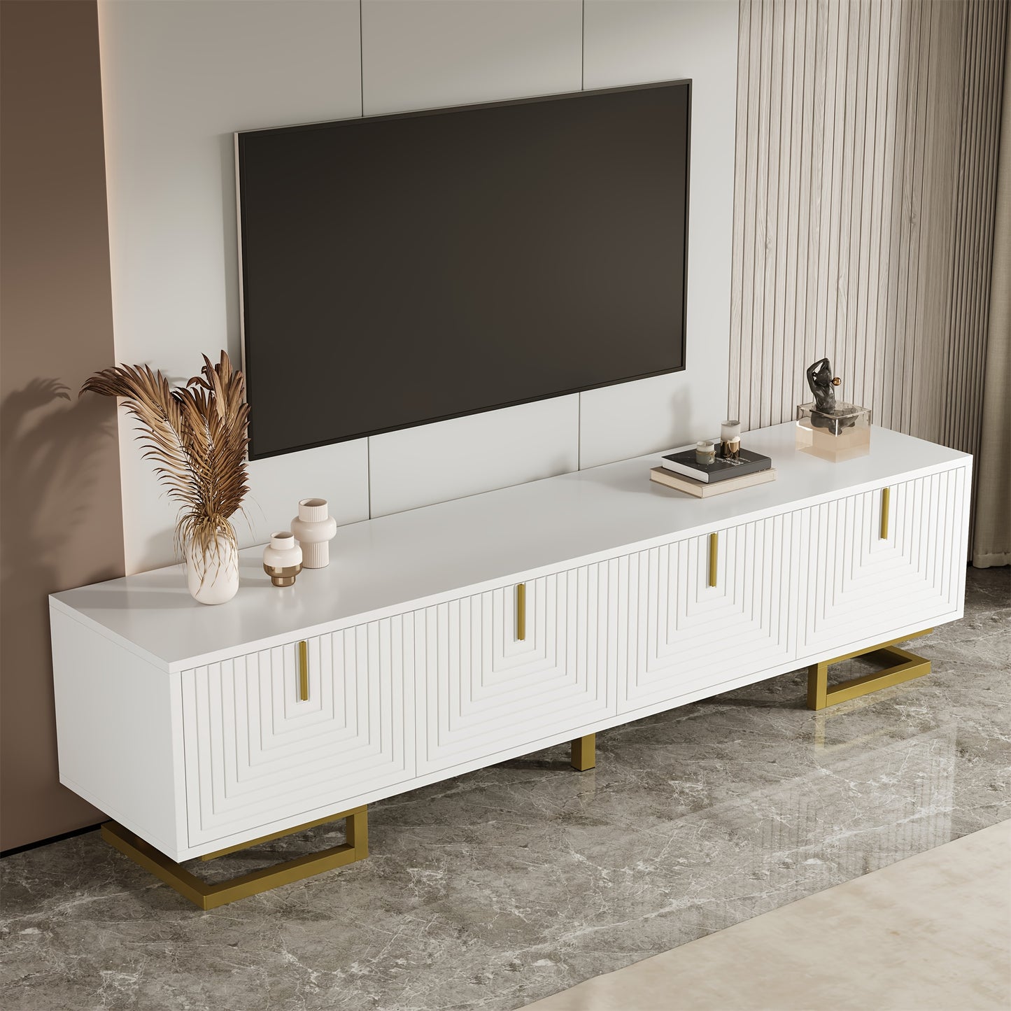 Modern Low-Profile TV Cabinet with Textured Doors & Golden Handles/Legs - -Standing Media Console, Ample Storage Space Suitable for, (No Wood)