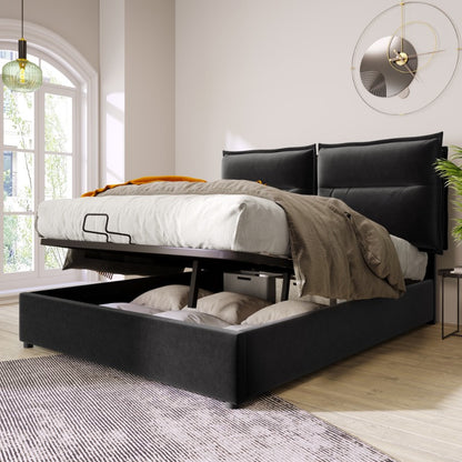 Hydraulisch Tweepersoonsbed – Verstelbaar Bed – Boxspring – Bedframe Met Opbergruimte – Met Matras – 140x200 cm – Fluweel Bekleed – Metalen Frame