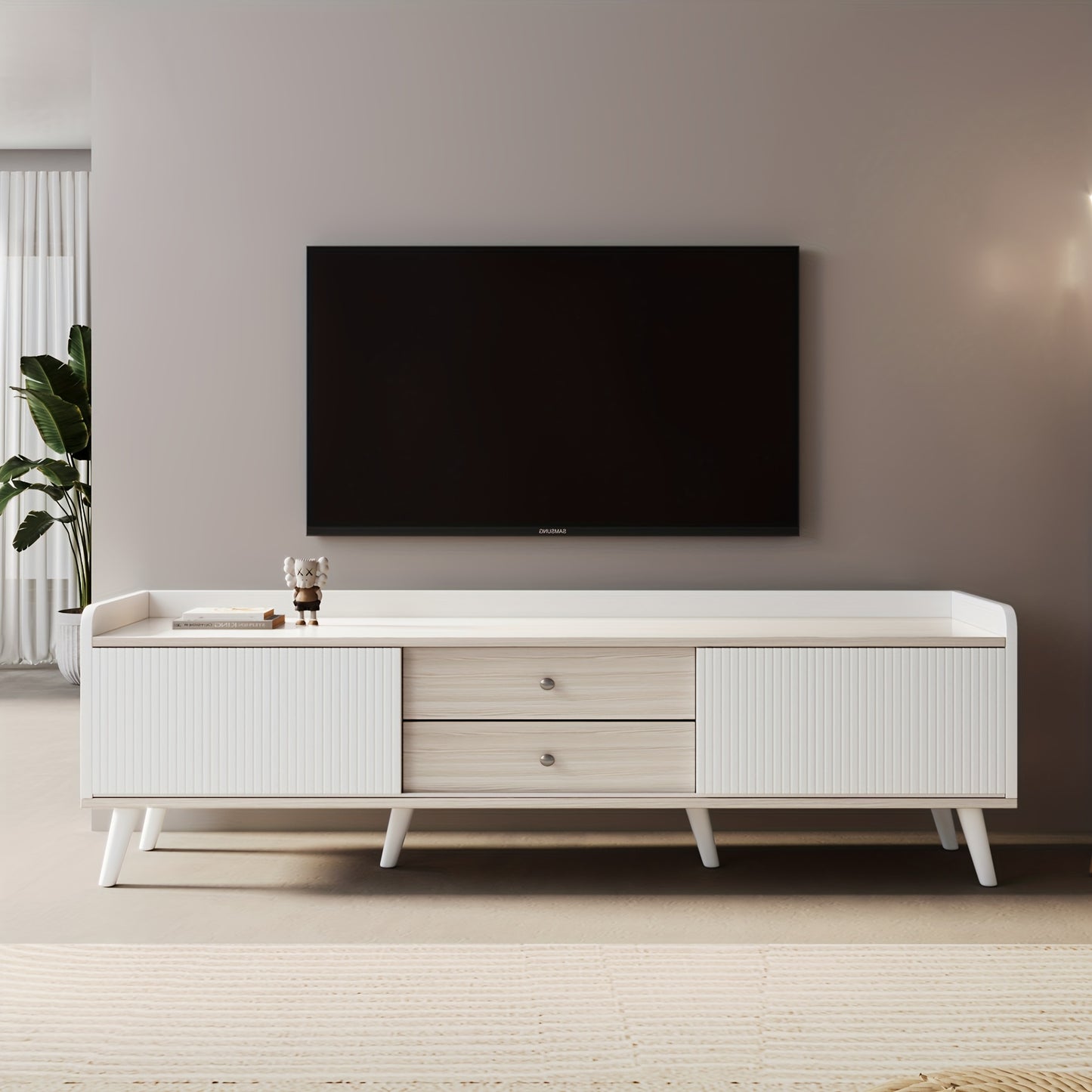 Modern TV Stand with Two Drawers & Sliding Doors - White & Natural Wood Finish, 147.32cm H x 101.6cm W, 2-Drawer Storage, Compact Design for Living Room or Bedroom, Bedroom Tv Desk | Minimalist Tv Stand | Metal Frame, TV Tabl