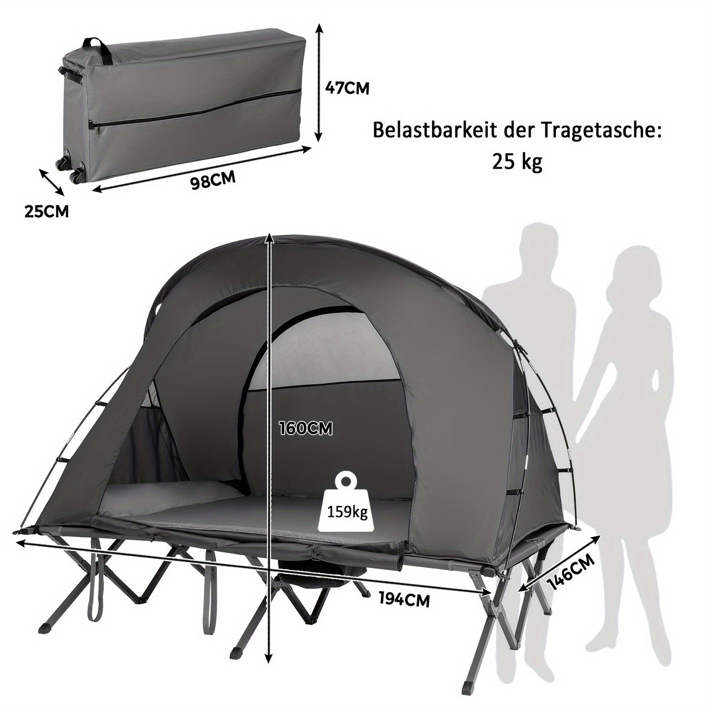 Campingtent – Kampeertent – Tent – Koepeltent – Kampeerset – Voor 2 Personen – Verhoogd Campingbed – Zelfopblazende Matras – Waterbestendig PVC