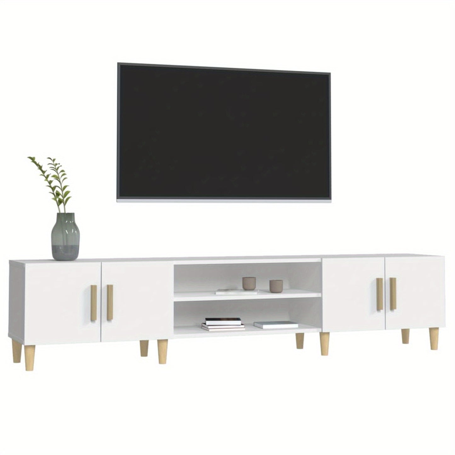 TV Meubel – TV Kast – TV Meubelkast – TV Dressoir – Tv Meubel Wit – Massief Eucalyptus Hout – 180x31,5x40 cm – Minimalistisch Design Met Deuren En Planken