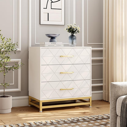 Ladekast – Dresser – Commode – Opbergkast – Nachtkastje – Wit & Gouden Metaal – 3 Ruime Lades – 68,58 cm Hoog – Duurzame Stalen Constructie