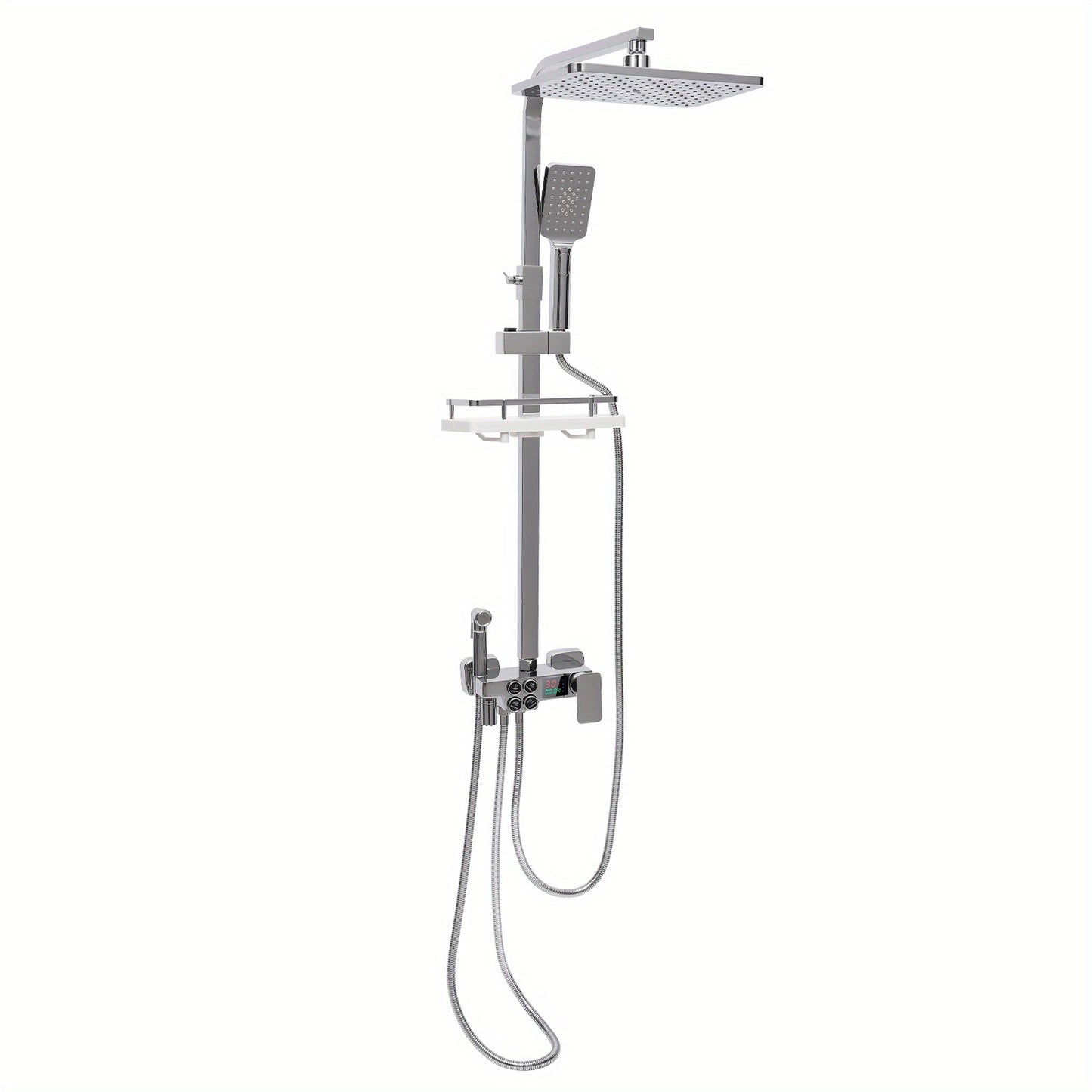 TOOL1SHOOO Modern Stainless Steel Shower System, 4 Water Outlets, Rainfall Showerhead, Handheld Sprayer, Height-Adjustable Shelf, Suitable for Bathrooms, Spas, Hotels