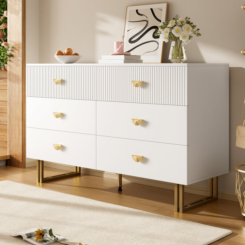 Modern Sideboard – Dressoir – Opbergkast – Ladekast – Sidecabinet – Wit Met Gouden Accenten – 6 Ruime Lades – Stevige MDF En Stalen Constructie