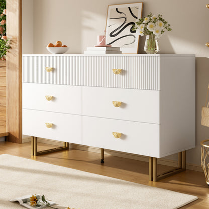 Modern Sideboard – Dressoir – Opbergkast – Ladekast – Sidecabinet – Wit Met Gouden Accenten – 6 Ruime Lades – Stevige MDF En Stalen Constructie