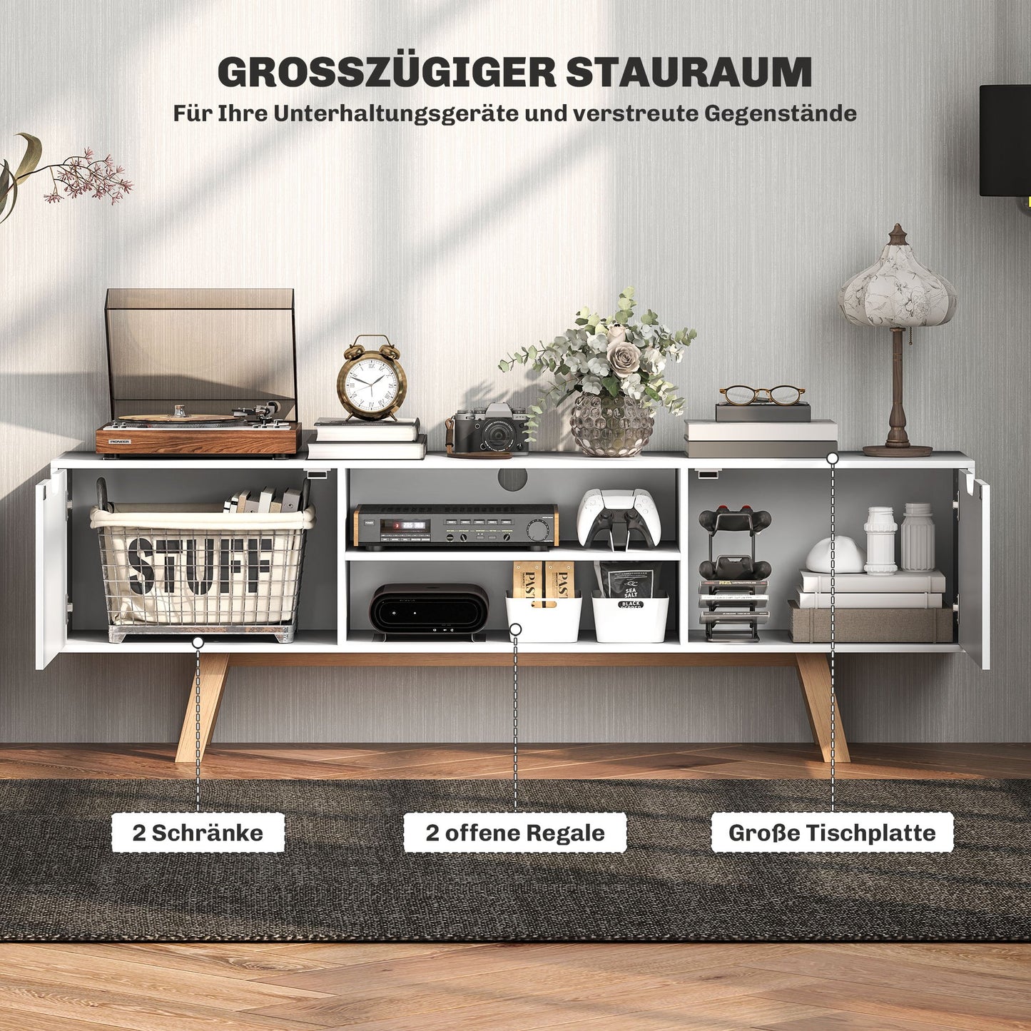TV-kast – Tv-meubel – Lowboard – Mediameubel – Wandmeubel – Wit – Geschikt voor tv tot 65 inch – Kabelmanagement en ruime opbergladen