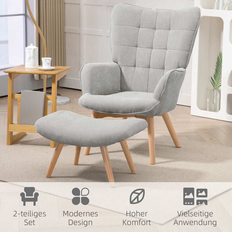 Fauteuil – Relaxstoel – Lounge Chair – Leesstoel – TV Stoel – Grijs – Inclusief Voetenbank – Stevige Stalen Frame & Houten Poten – Compacte Afmetingen 72x80x101 cm