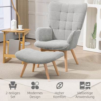 Fauteuil – Relaxstoel – Lounge Chair – Leesstoel – TV Stoel – Grijs – Inclusief Voetenbank – Stevige Stalen Frame & Houten Poten – Compacte Afmetingen 72x80x101 cm