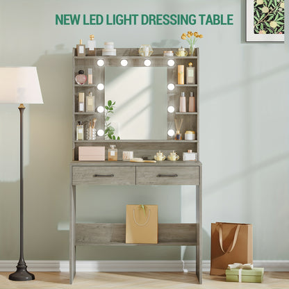 Dressing Table with Mirror And LED Light, Accessory Storage, Adjustable Brightness, Dressing Table with Shelves And 2 Drawers, Jewelry Cabinet, for Bedroom, Living Room, 40 X 80 X 149cm, White - QUORE