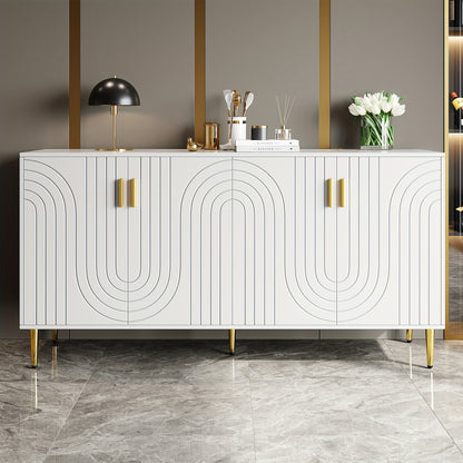 Dressoir – Sideboard – Opbergkast – Ladekast – Buffetkast – Wit Modern – MDF Met Golvende Patronen – Gouden Accenten & Poten