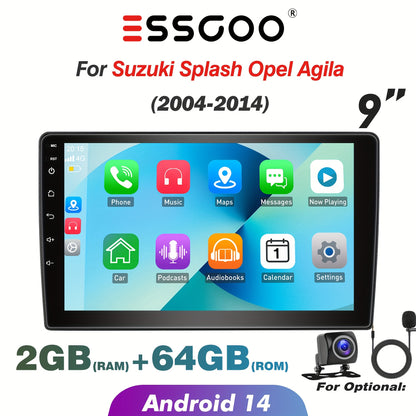 ESSGOO 2+64GB Android 14 Car Stereo Radio, 9 Inch/22.8cm IPS Screen 2 Din Multimedia Player, Android Auto & Wireless CarPlayer, FM/RDS Support Handsfree Calling Steering Wheel Control, for Suzuki Splash Opel Agila 2004-2014,