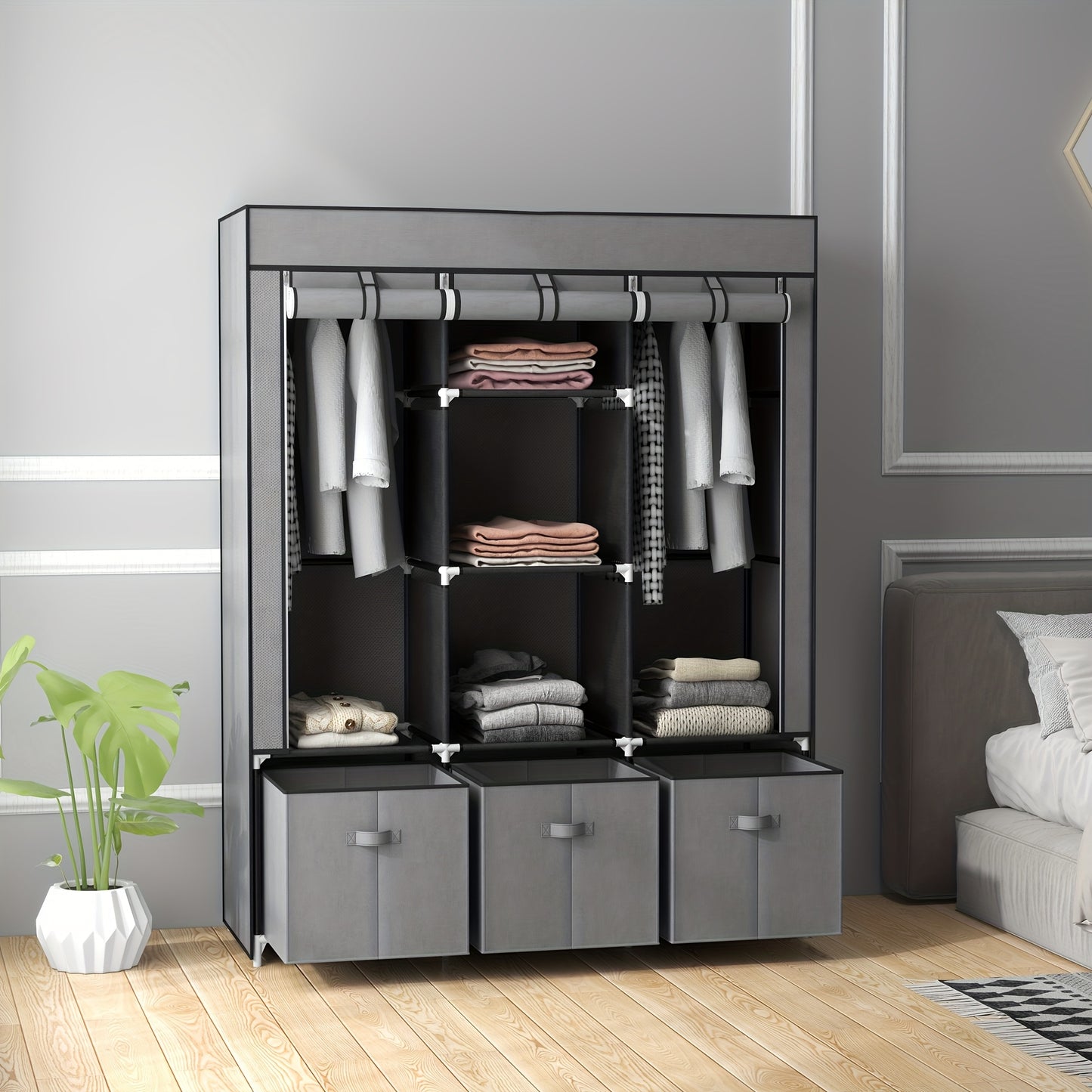 Opvouwbare Kledingkast – Garderobekast – Kleerkast – Stoffen Kast – Opbergkast – Donkergrijs Niet-Geweven Stof – Stevig Metalen Frame – 125x43x162,5 cm – Ruimtebesparend & Draagbaar