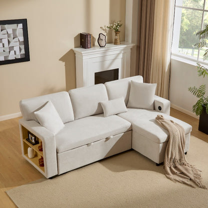 Hoekbank Bedbank – L-vormige Slaapbank – U-bank – Sofa Met Opberglade – Beige Stof – Moderne Woonkamer – Met Opbergruimte – Pull-out Slaapfunctie