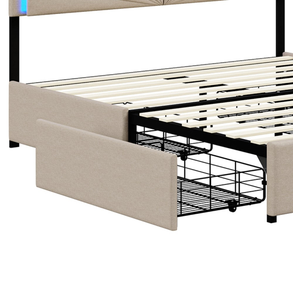 Gestoffeerd Bed – Tweepersoonsbed – Slaapbank – Led Bed – Opbergbed – 160x200 cm – Ingebouwde LED-verlichting – 4 Grote Lades – Beige