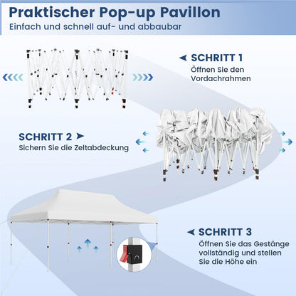 3 x 6M Partytent – Vouwpaviljoen – Tuinpaviljoen – Evenemententent – Tuintent – Waterafstotend – UV-Bescherming 50+ – Verstelbare Hoogte – Winterbestendig – Inclusief Draagtas – Wit