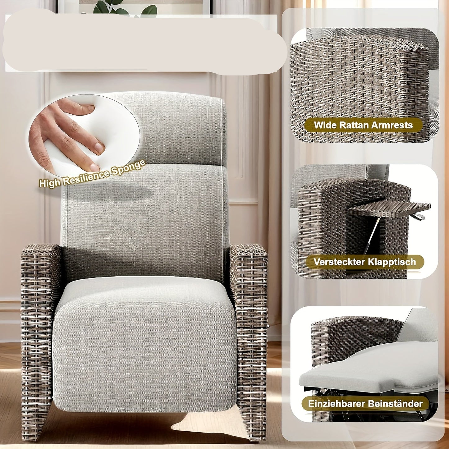 Ligbed – Loungestoel – Zonnebed – Ligstoel – Tuinstoel – Verstelbare Rugleuning 95°-165° – Inclusief Opvouwbaar Zijtafeltje – Bruin Rattan Met Abrikoos Kussen