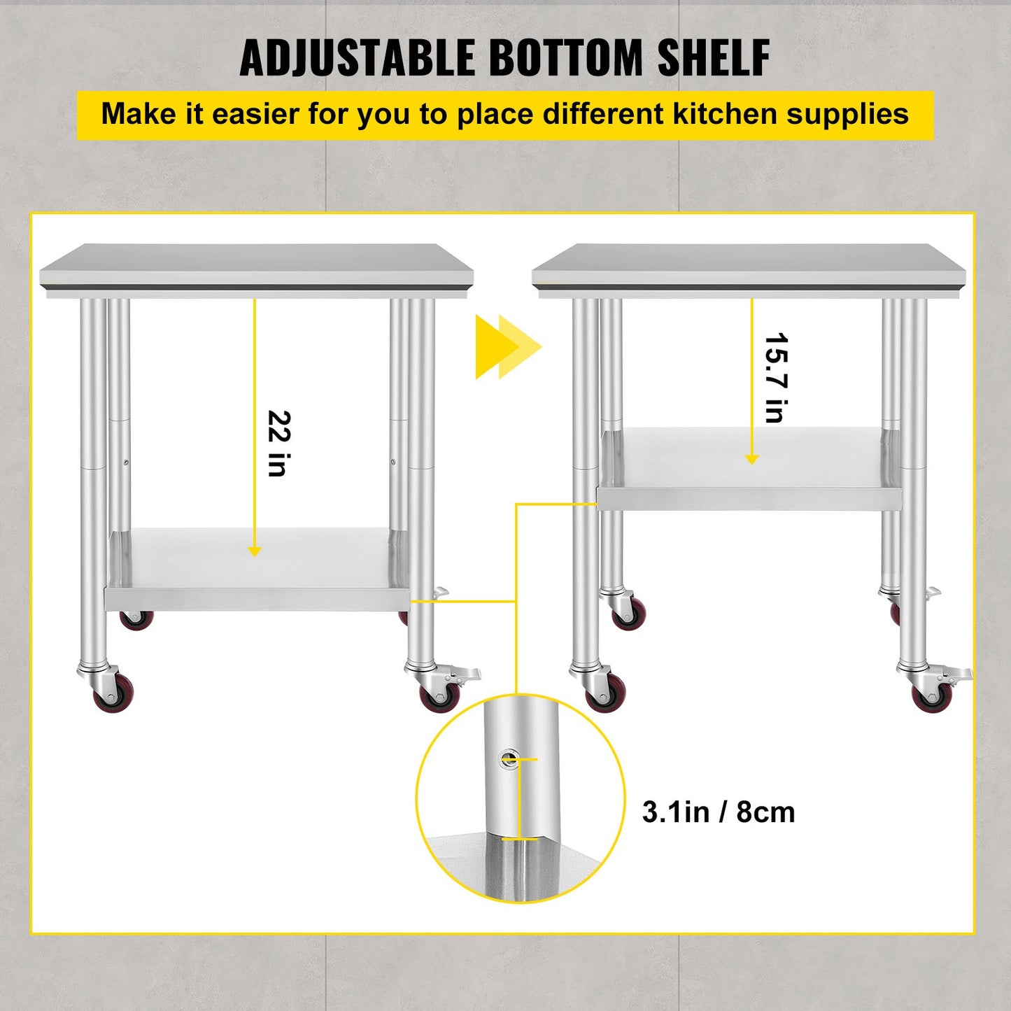 Werktafel – Werkbank – Werkoppervlak – Werkplateau – Roestvrijstaal – Verstelbare Planken – Zwenkwieltjes – 61x76x86 cm