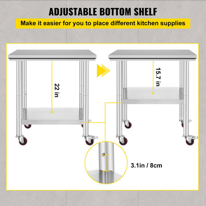 Werktafel – Werkbank – Werkoppervlak – Werkplateau – Roestvrijstaal – Verstelbare Planken – Zwenkwieltjes – 61x76x86 cm