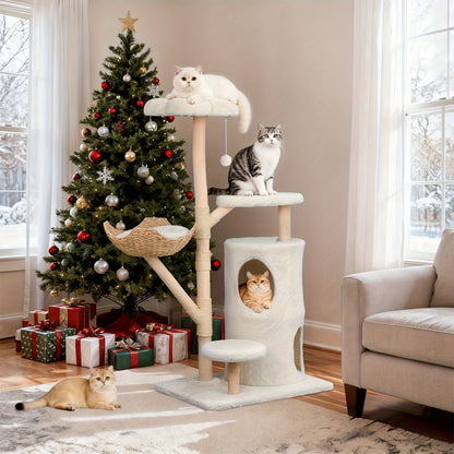 Kattenkrabpaal – Krabmeubel – Kattenboom – Krabtoren – Kattenhuis – 142 cm Hoog – Stevig Hout En Soft-Touch Textiel