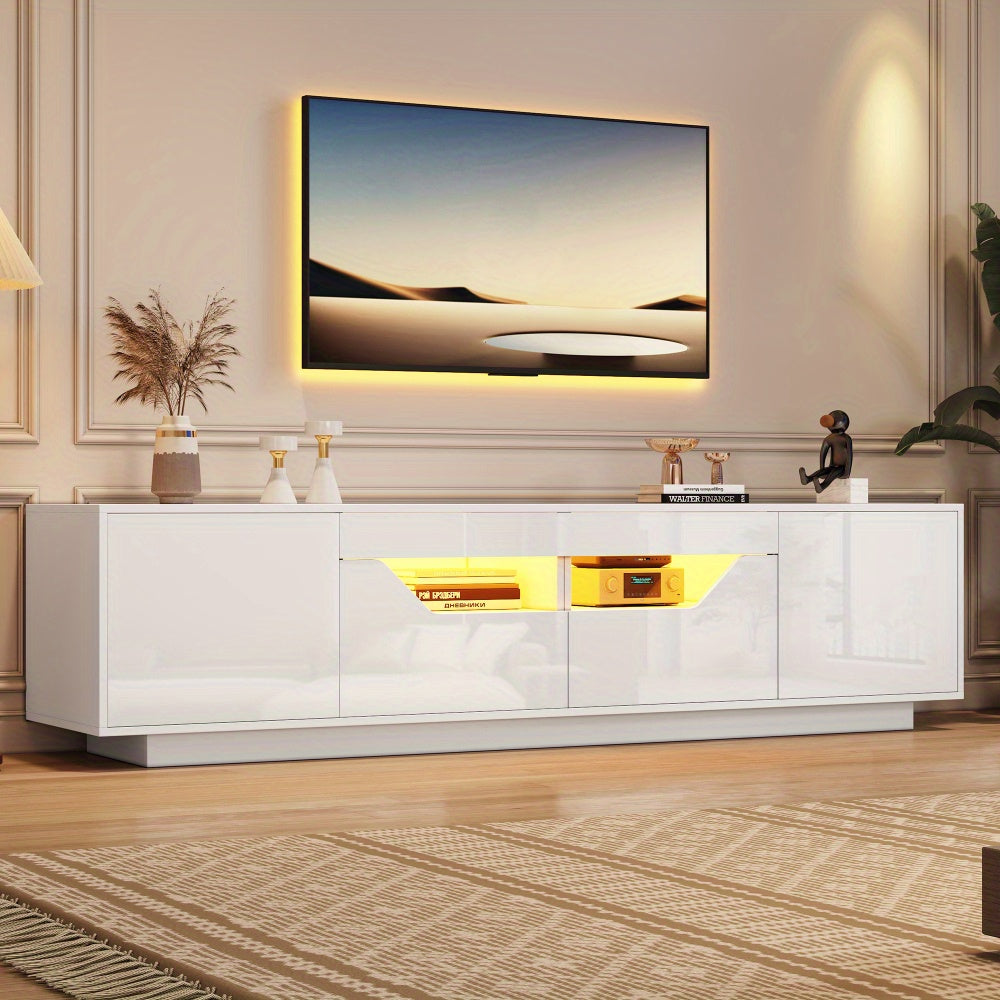 Modern TV Stand Compatible for 75-Inch TVs with 2 Drawers & 2 Doors - Low Profile Floor-Standing Cabinet, Sturdy Metal Frame, Ample Storage for Media Players/Gaming Consoles, Fits for Screens
