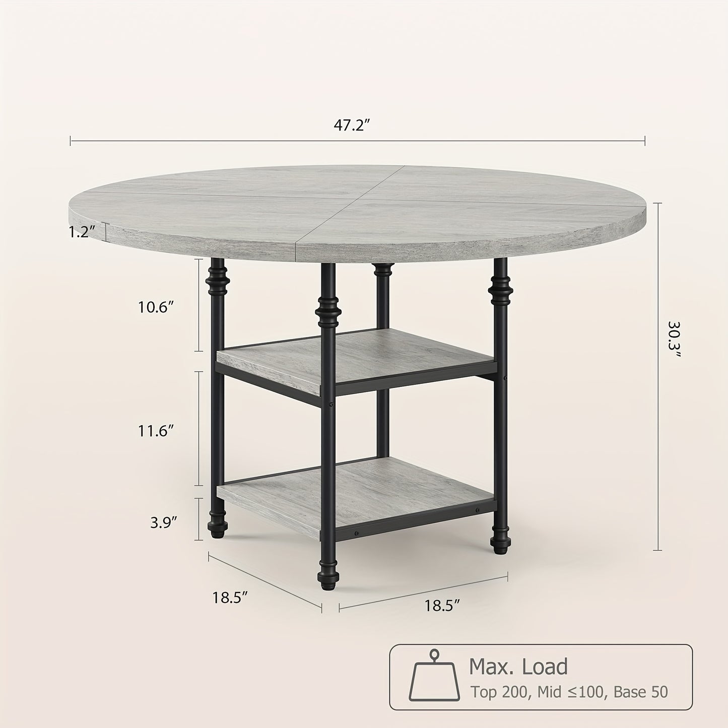 Eettafel Rond – Ronde Keukentafel – Eetkamertafel – Ronde Tafel – Eethoek – 4 Persoons – 3 Opbergplanken – 4,06 cm Dik Houten Blad Met Metalen Poten – Compact Modern Grijs Design
