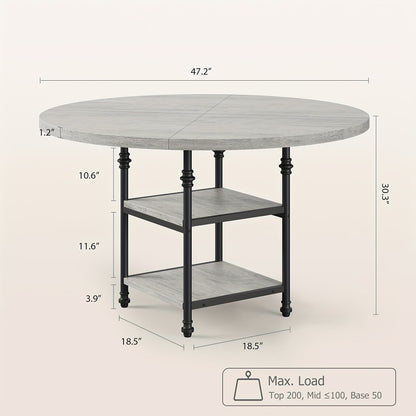 Eettafel Rond – Ronde Keukentafel – Eetkamertafel – Ronde Tafel – Eethoek – 4 Persoons – 3 Opbergplanken – 4,06 cm Dik Houten Blad Met Metalen Poten – Compact Modern Grijs Design