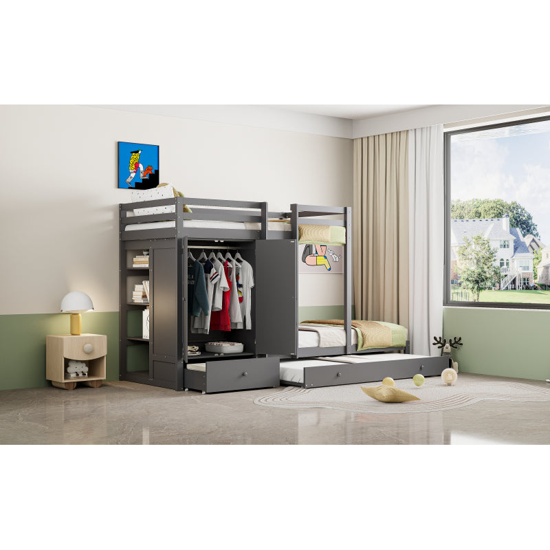 Stapelbed – Hoogslaper – Kinderbed – Multifunctioneel Bed – Uitklapbaar Logeerbed – Massief Hout – 90x200 cm – Met Kledingkast en Ladeblok