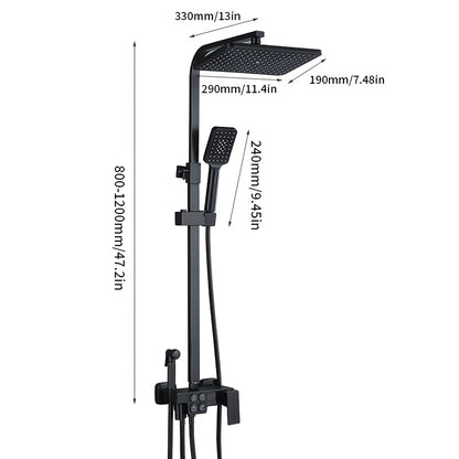 Shower System in Black with a Handheld Shower Head, Bathtub Spout, Wall-Mounted Four-Function Set, And Digital Display System.