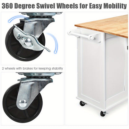 Rollende Keukenwagen – Keukentrolley – Keukenserverwagen – Keukeneiland – Opbergkast – Inclusief Handdoekhouder – Inklapbaar Werkblad – MDF en Rubberwood – Wit – 135x76x91 cm