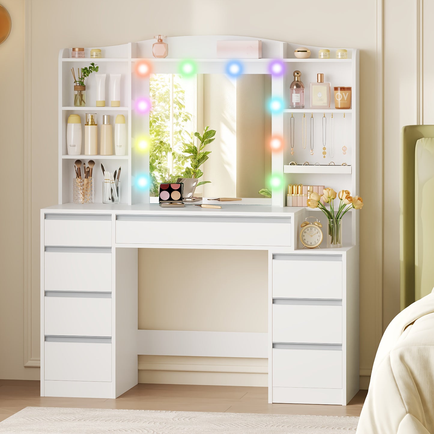Make-up Tafel – Kaptafel – Schminktisch – Beautytafel – Make-up Organizer – LED Verlichting 3 Kleuren – Groot 90 cm Tafelblad – Wit