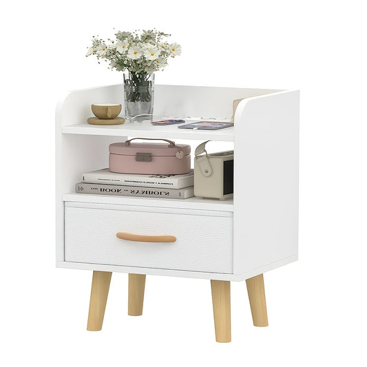 Nachtkastje – Bedside Table – Side Table – End Table – Nightstand – Mid-Century Modern – Wit – Met Lade & Open Plank – Compact 40x30x61 cm – Duurzaam MDF Hout