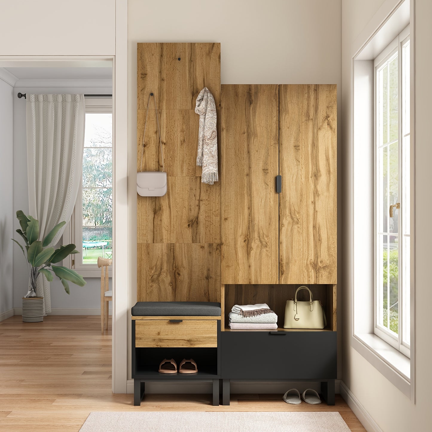 Kledingkast – Houten Kast – Vrijstaande Opbergkast – Schoenenkast – Garderobekast – Compact Design – Massief Hout Met Schoenenbank En Kussens