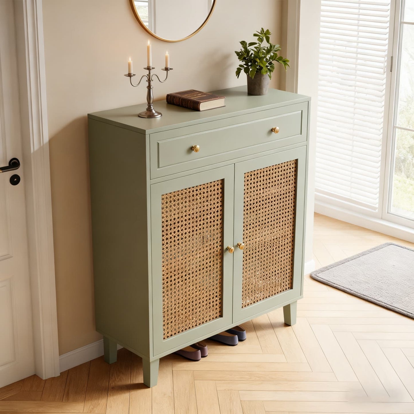 Opbergkast – Opbergmeubel – Kast – Schoenenkast – Dressoir – Mintgroen – Rattan Deuren – Verstelbare Planken – Lade – MDF Hout – Vloerstaand – Modern Design