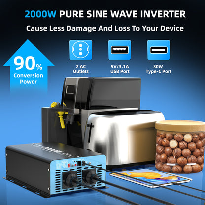Omvormer – Spanningsomvormer – Stroomomzetter – Inverter – 2000W Pure Sinus – Aluminium Behuizing met Afstandsbediening – EU Stopcontact