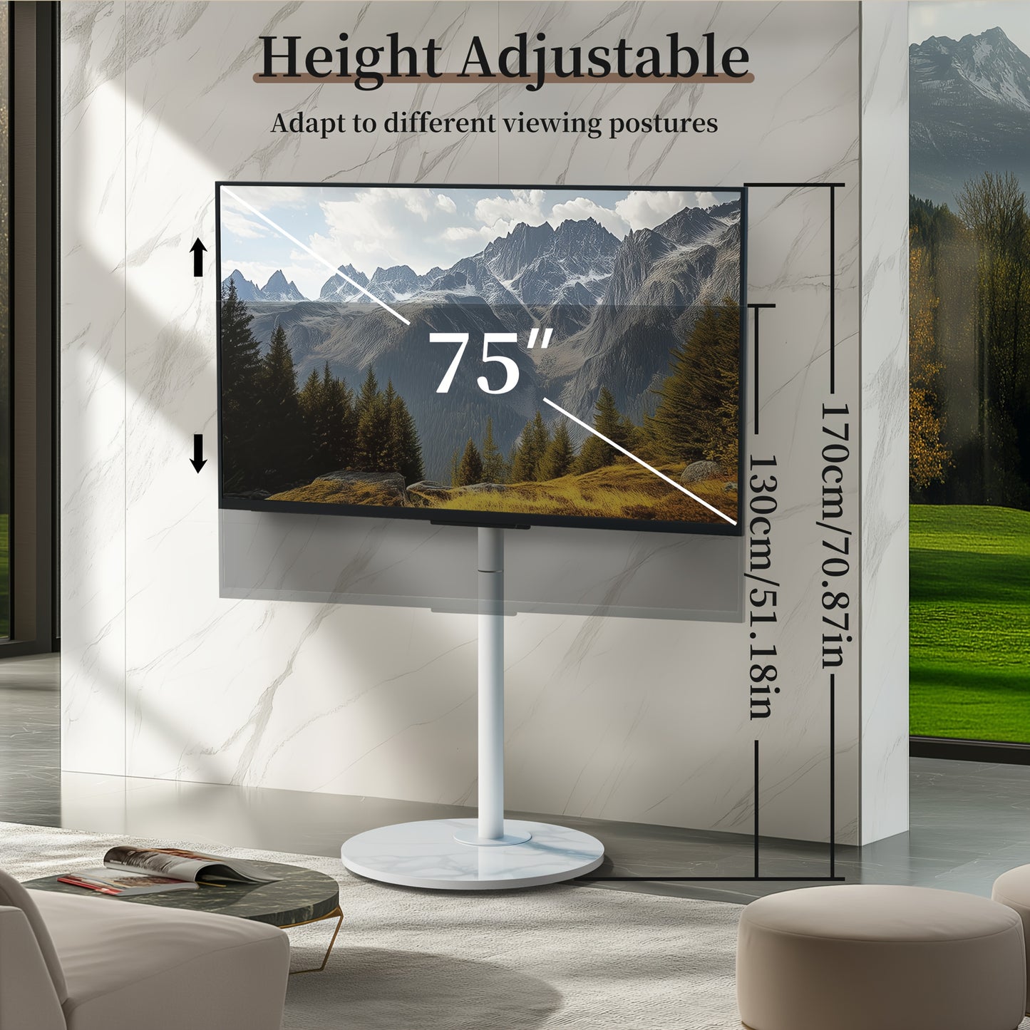 TV Standaard – TV Statief – Vloerstandaard – TV Voet – Monitorstandaard – Verstelbare Hoogte 130-170 cm – Sintered Stone Basis & SPCC Staal