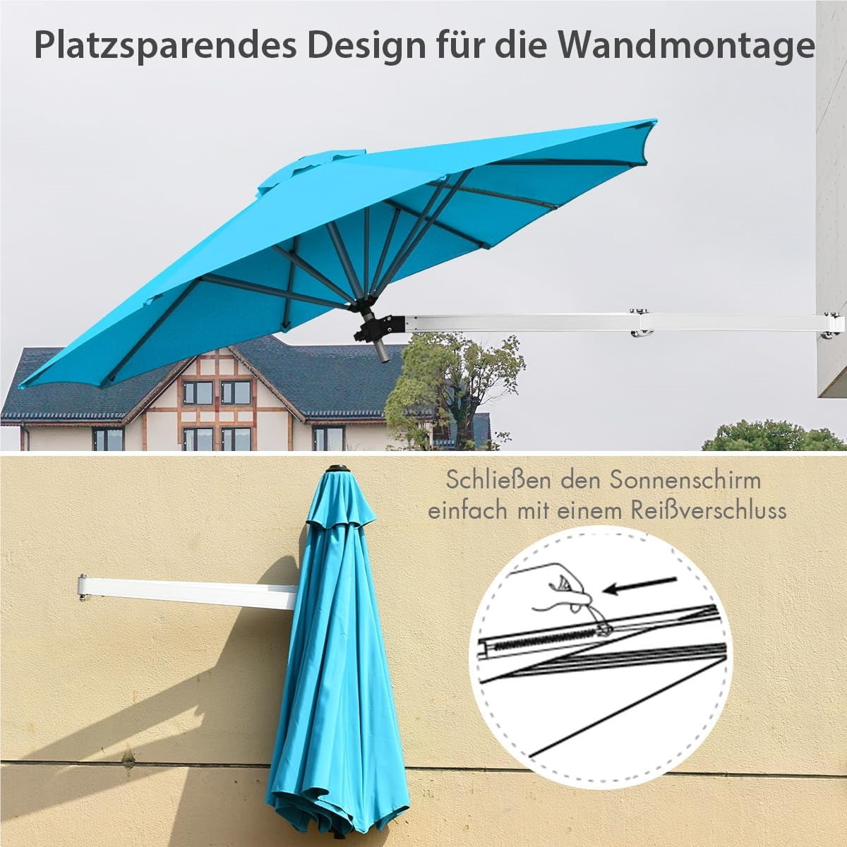Wandparasol – Muurparasol – Balkonparasol – Tuinparasol – Zonnescherm – Kantelbaar en Draaibaar – Aluminium Frame en Waterafstotend Doek – Ø 250 cm – Turquoise