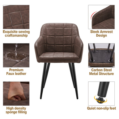 Eetkamerstoelen – Stoel Met Armleuning – Accentstoel – Kunstleren Stoel – Woonkamerstoel – Set Van 2 – Bruin – Memory Foam Zitting – Metalen Poten